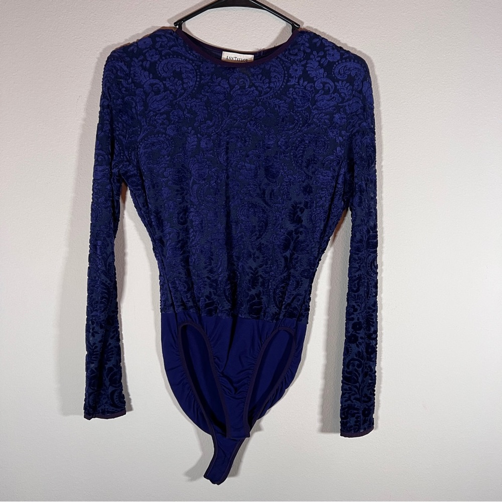 Ann Taylor Navy Velvet Burnout Sheer Long Sleeve Bodysuit